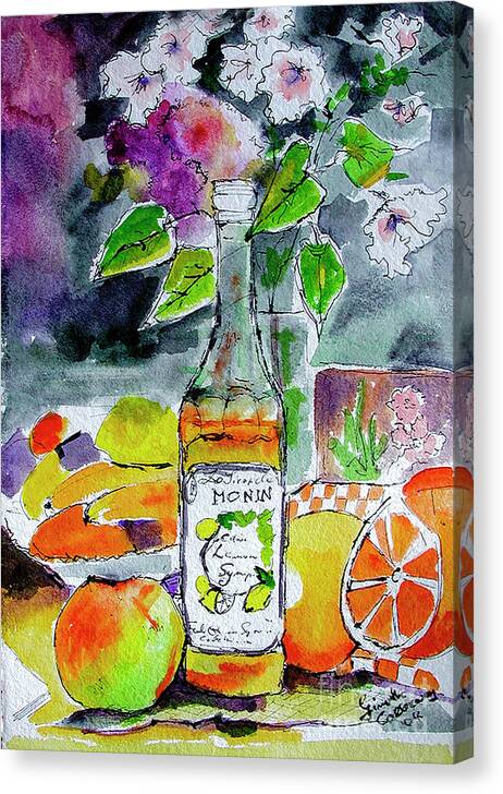 Still Life Canvas Print featuring the painting Bottles Still Life with Fruit and Bottle by Ginette Callaway