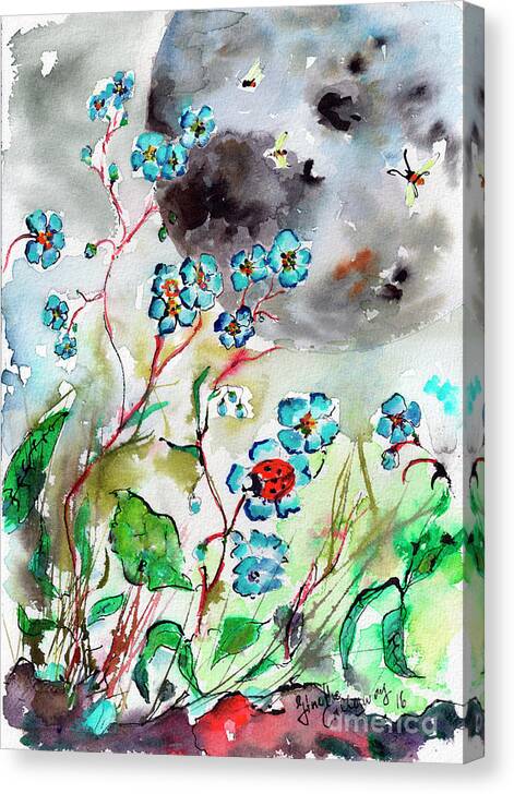 Botanical Canvas Print featuring the painting Forget Me Not and Super Moon Watercolor by Ginette Callaway