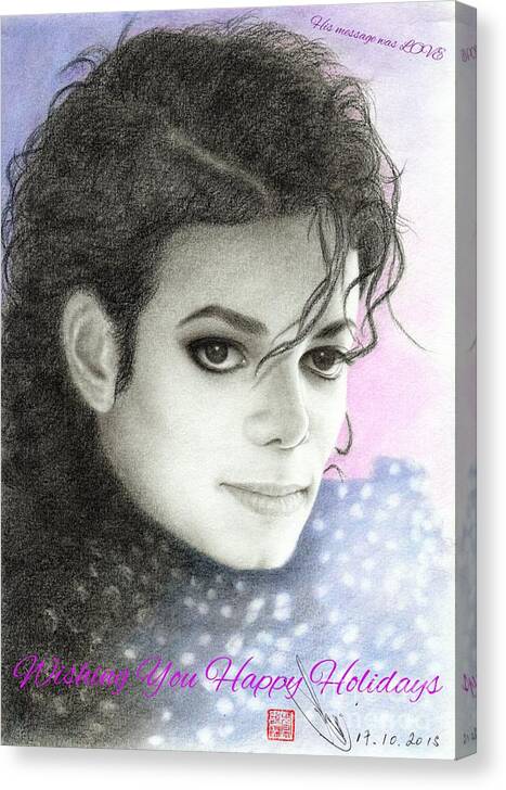 Greeting Cards Canvas Print featuring the drawing Michael Jackson Christmas Card 2015 - 'His message was LOVE' by Eliza Lo
