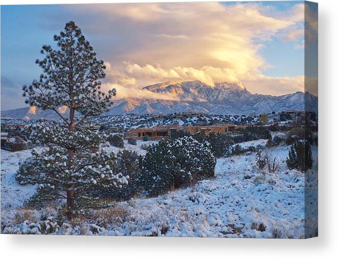 Landscapes Canvas Print featuring the photograph Sandia Mountains with Snow at Sunset by Mary Lee Dereske