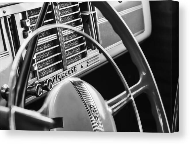 1940 Plymouth Deluxe Woody Wagon Steering Wheel Canvas Print featuring the photograph 1940 Plymouth Deluxe Woody Wagon Steering Wheel by Jill Reger