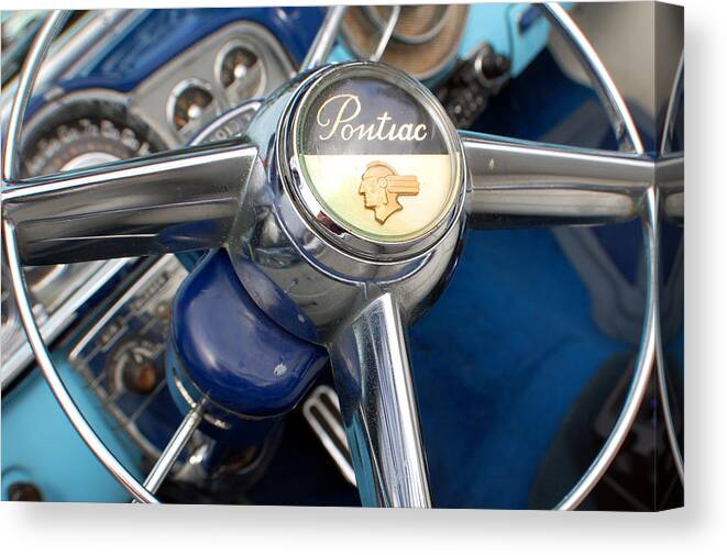Classic Cars Canvas Print featuring the photograph 1949 Pontiac Chief Silver Streak Steering Wheel 2 by DJ Monteleone