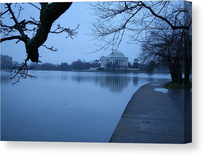 Jefferson Memorial Canvas Print featuring the photograph A Blue Morning For Jefferson by Cora Wandel