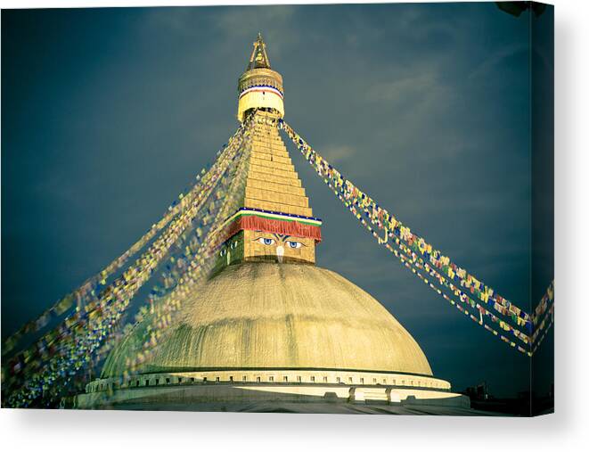 Wisdom Canvas Print featuring the photograph Bodhnath Stupa at night in kathmandu #1 by Raimond Klavins