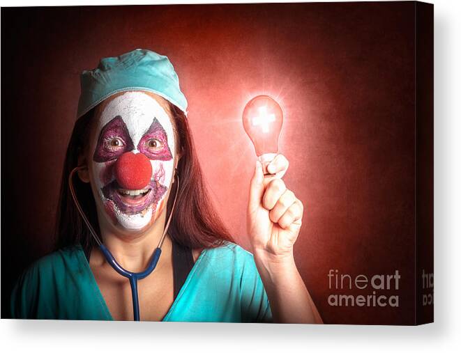 Clown Canvas Print featuring the photograph Clown doctor holding red emergency lightbulb #1 by Jorgo Photography