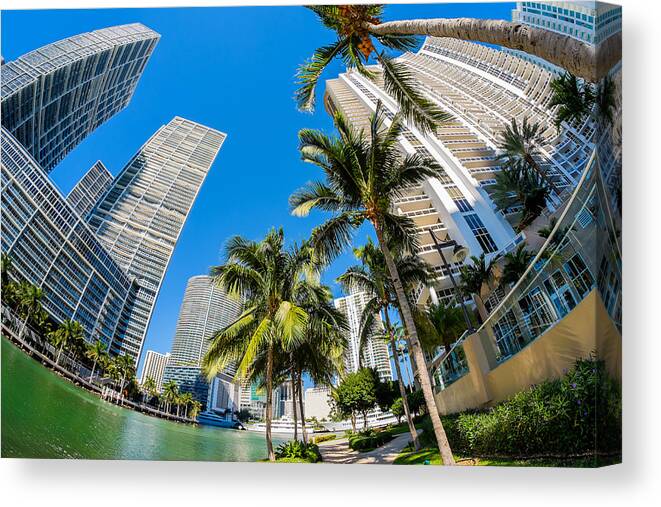 Architecture Canvas Print featuring the photograph Downtown Miami Brickell Fisheye #1 by Raul Rodriguez
