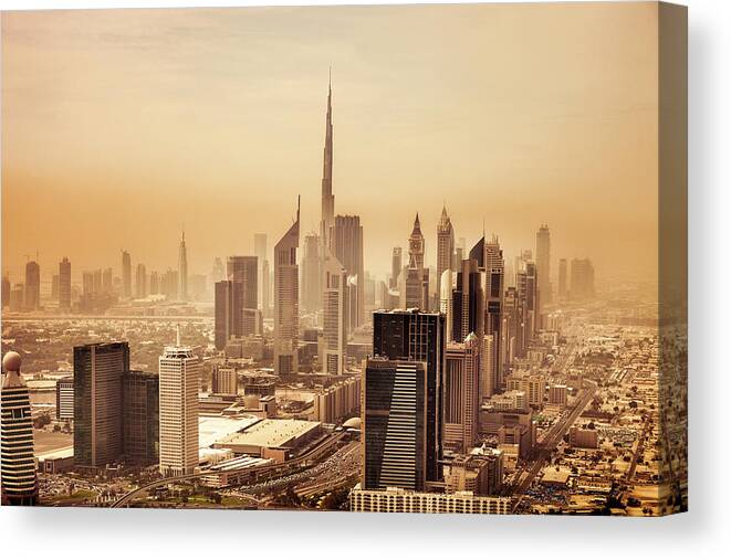 Arabia Canvas Print featuring the photograph Dubai Downtown Skyscrapers And Office #1 by Leopatrizi
