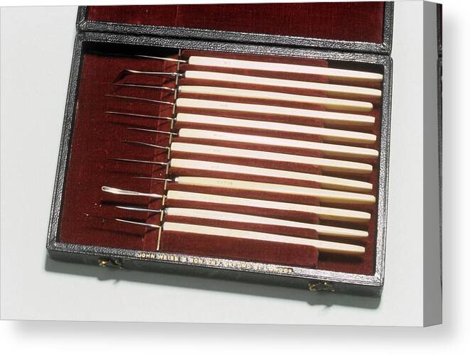 Grey Background Canvas Print featuring the photograph Eye Surgery Scalpels #1 by Science Photo Library