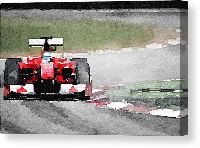 Ferrari F1 Racing Canvas Print featuring the painting Ferrari F1 Race Watercolor by Naxart Studio