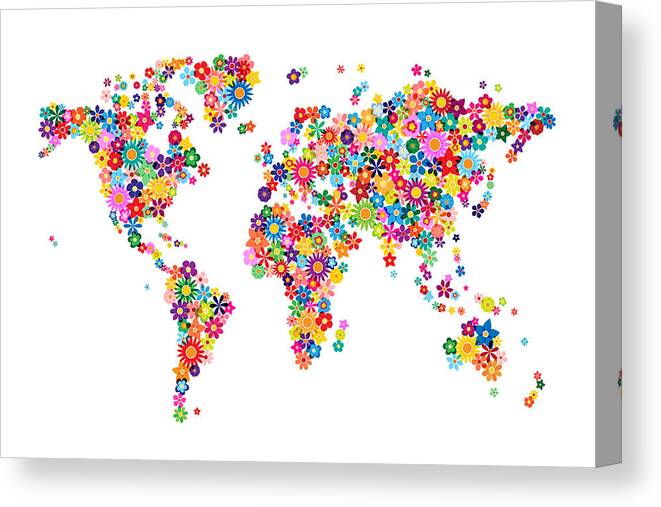 World Map Canvas Print featuring the digital art Flowers Map of the World Map #1 by Michael Tompsett