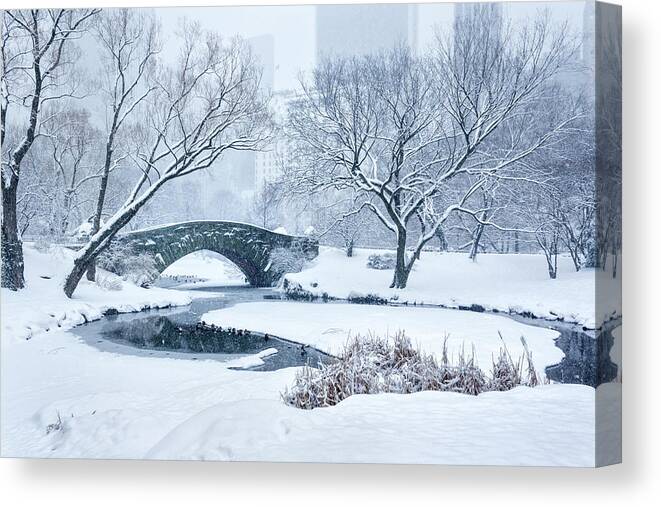 Snow Canvas Print featuring the photograph Gapstow Bridge Central Park Snowstorm #1 by Matejphoto