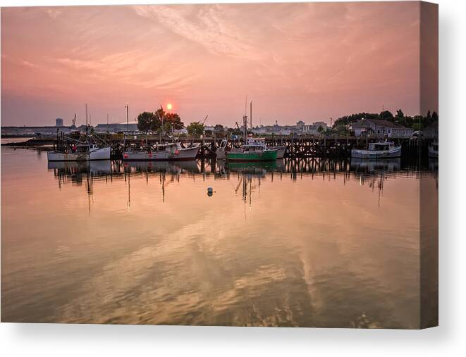Early Morning Canvas Print featuring the photograph Hazy Sunrise Over The Commercial Pier Portsmouth NH by Jeff Sinon