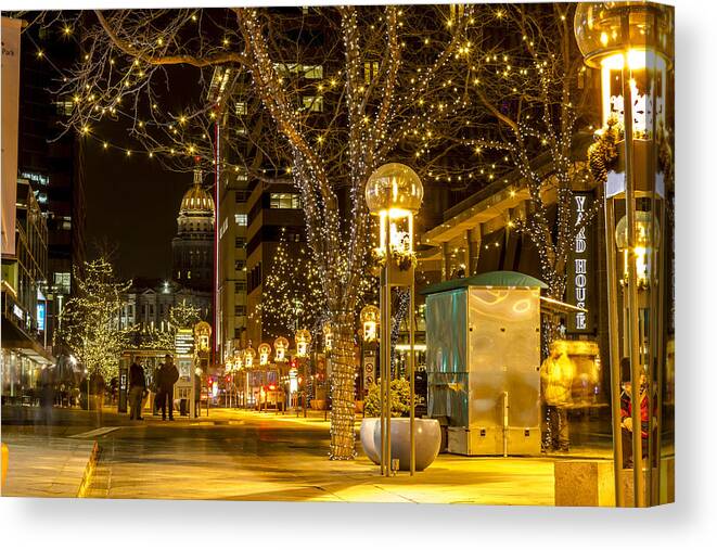 16th Street Mall Canvas Print featuring the photograph Holiday Lights in Denver Colorado #1 by Teri Virbickis