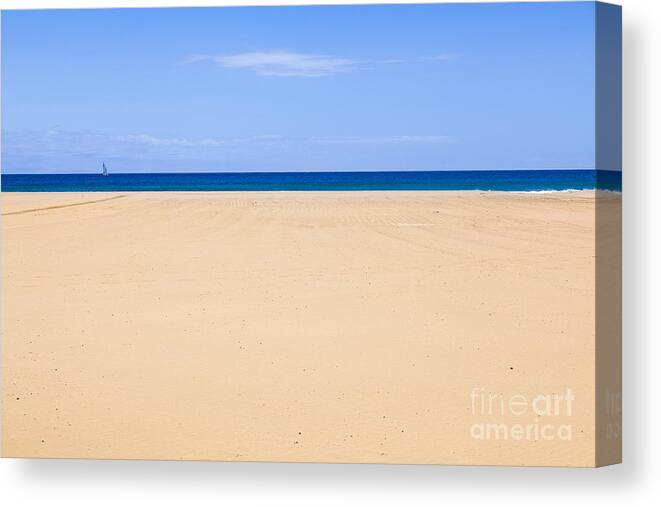 Catalonia Canvas Print featuring the photograph Horizontal Lines Of Sandy Beach Blue Sea And Sky #1 by Peter Noyce