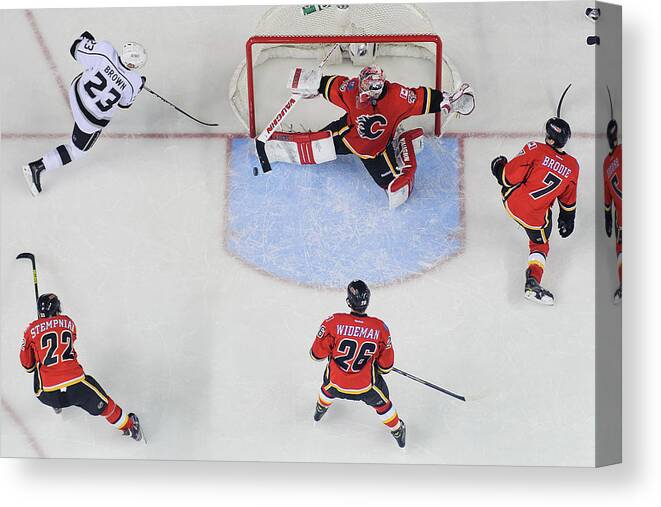Joey Macdonald Canvas Print featuring the photograph Los Angeles Kings V Calgary Flames #1 by Derek Leung