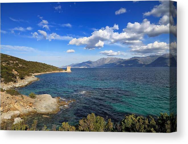 Ancient Canvas Print featuring the photograph Martello Tower near St Florent in Corsica #1 by Jon Ingall