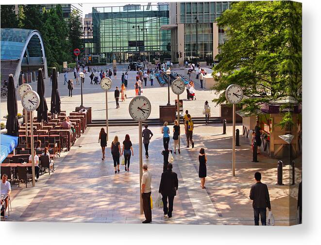 Canary Wharf Canvas Print featuring the photograph Meet Me by the Clock #1 by Nicky Jameson
