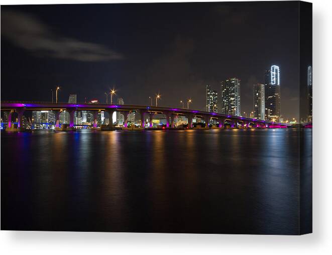 Architecture Canvas Print featuring the photograph Miami Night Skyline #1 by Andres Leon