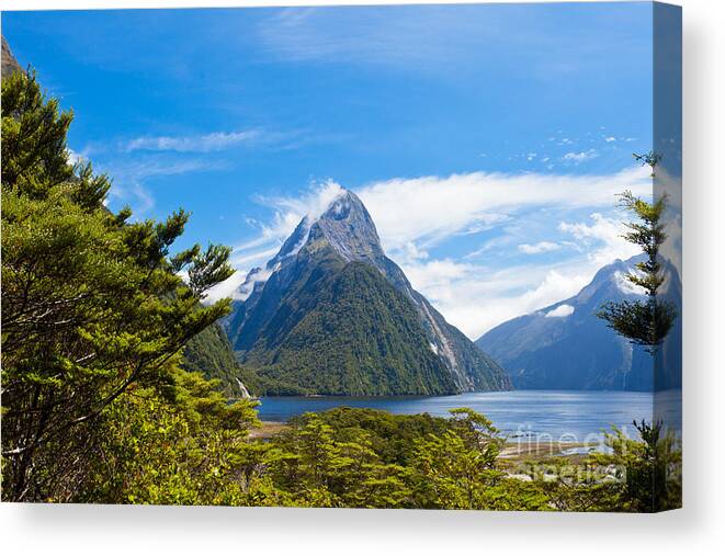 Milford Sound and Peak in Fjordland NP NZ Canvas Print / Canvas Art by Pietzko - Pixels