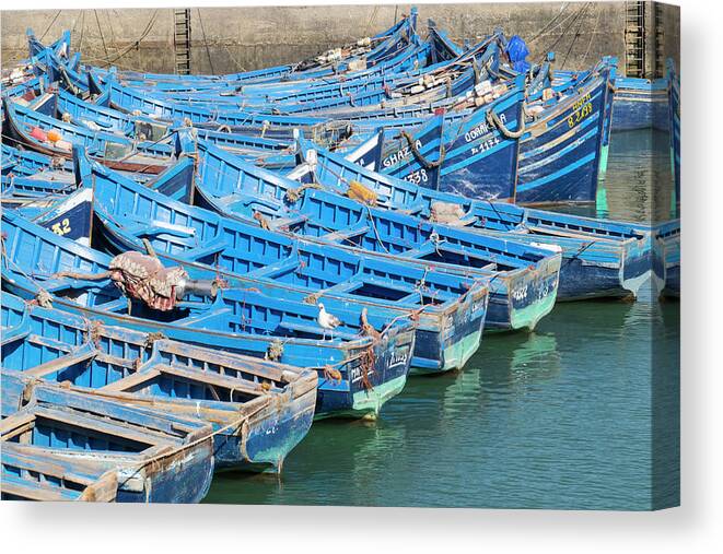 Blue Canvas Print featuring the photograph Morocco, Essaouira, Small Boats Tied #1 by Emily Wilson
