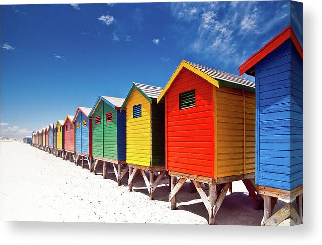 Beach Hut Canvas Print featuring the photograph Muizenberg Beach Cape Town by Ferrantraite