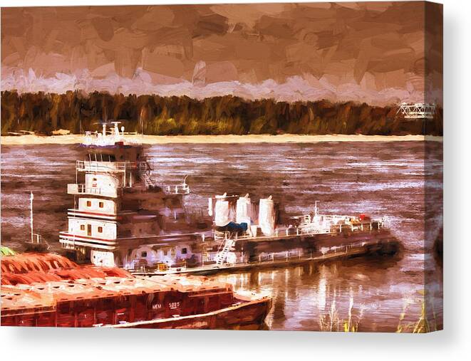 Push That Barge Canvas Print featuring the painting Riverboat - Mississippi River - Push That Barge by Barry Jones