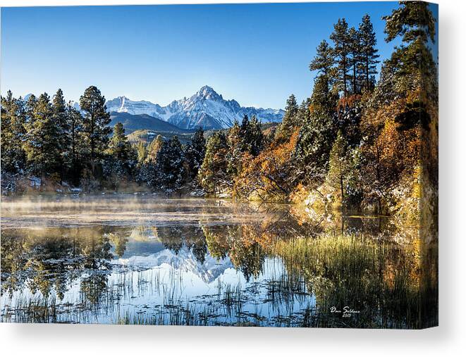 #colorado #mt Sneffles #ridgway #autumn #blue #dew #fall #grass #mist #orange #pond #reflection #snow #sony #zeiss #ordway Canvas Print featuring the photograph Reflections of Fall #1 by David Soldano