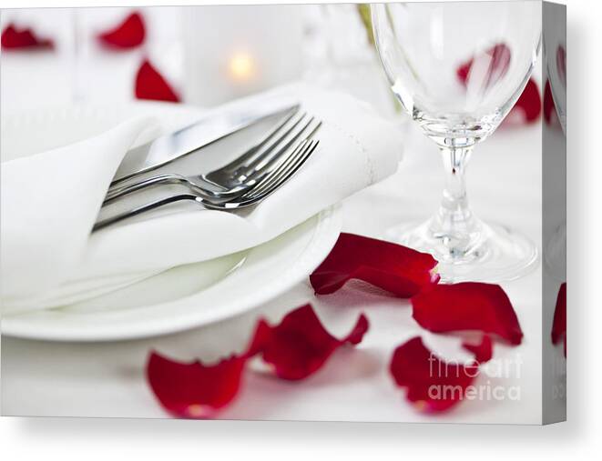 Romantic Canvas Print featuring the photograph Romantic dinner setting with rose petals 1 by Elena Elisseeva