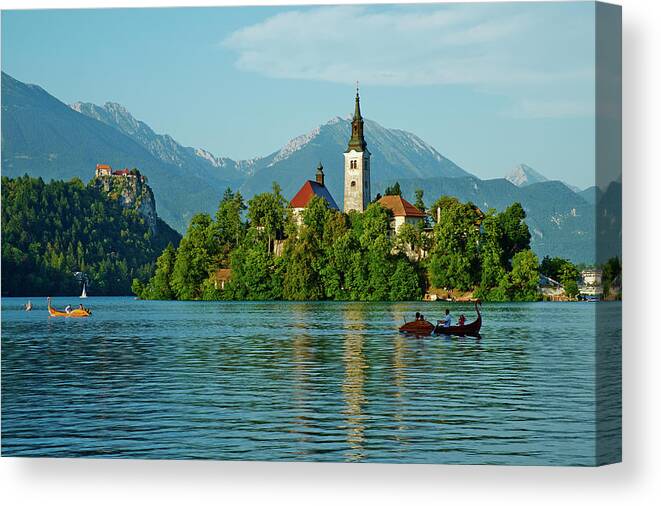 Santa Maria Church Canvas Print featuring the photograph Slovenia, Bled, Lake Bled And Julian #1 by Tuul & Bruno Morandi