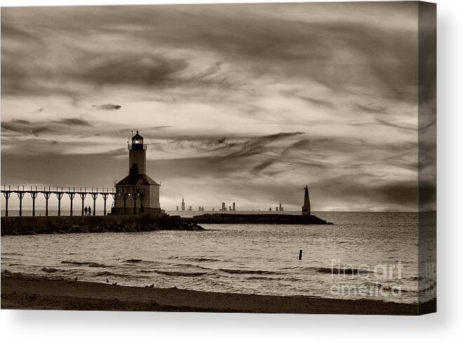 Lighthouse Canvas Print featuring the photograph Sunset Walk at Michigan City by Brett Maniscalco