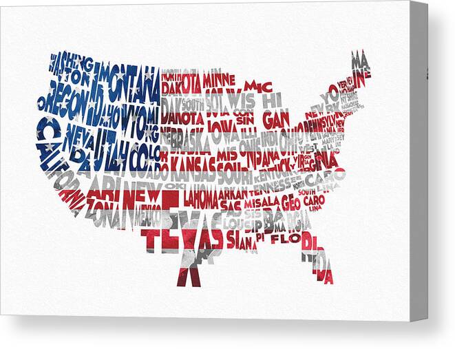 United States Canvas Print featuring the digital art United States Typographic Map Flag #1 by Inspirowl Design