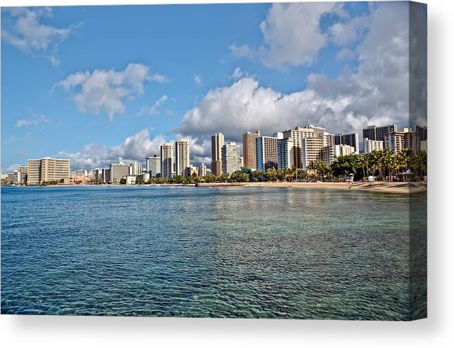 Beach Canvas Print featuring the photograph Waikiki Beach Oahu Island Hawaii cityscape #1 by Marek Poplawski