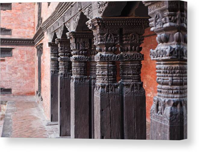 Door Canvas Print featuring the photograph Wooden Column at Durbar Square #1 by U Schade