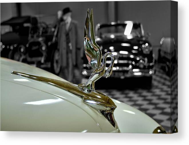 Antique Automobile Canvas Print featuring the photograph 1947 Packard Hood Ornimate by Michael Gordon