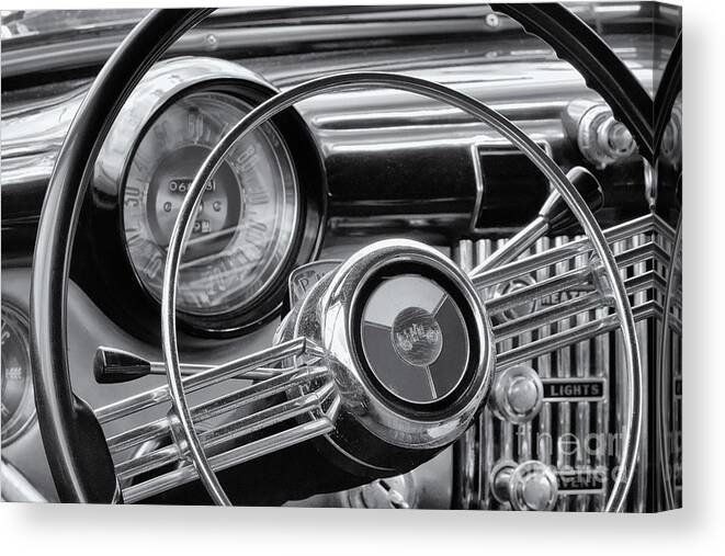 1953 Canvas Print featuring the photograph 1953 Buick Super Dashboard and Steering Wheel BW by Jerry Fornarotto