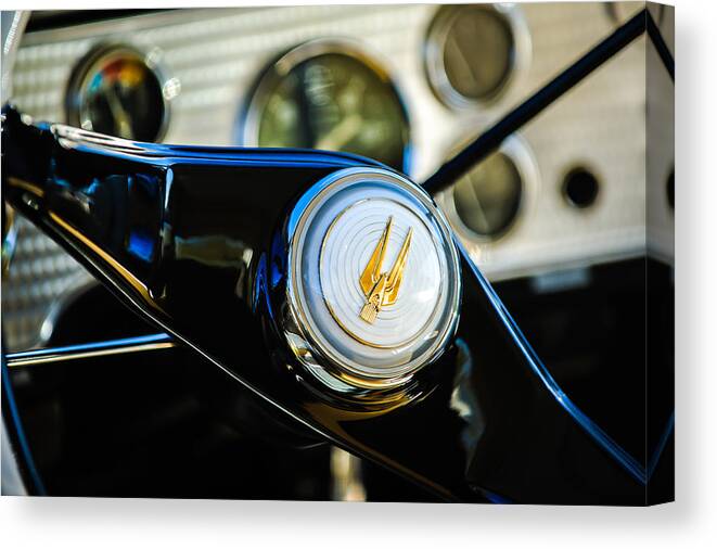 1957 Studebaker Golden Hawk Supercharged Sports Coupe Steering Wheel Emblem Canvas Print featuring the photograph 1957 Studebaker Golden Hawk Supercharged Sports Coupe Steering Wheel Emblem by Jill Reger