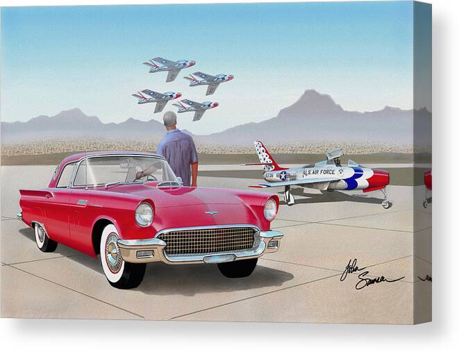 Automotive Fine Art Canvas Print featuring the painting 1957 THUNDERBIRD with F-84 Thunderbirds red classic Ford vintage art sketch rendering     by John Samsen