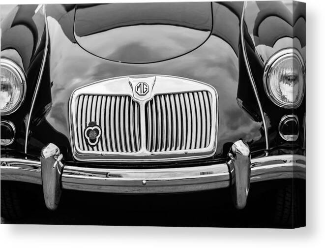 1959 Mg A 1600 Roadster Front End Canvas Print featuring the photograph 1959 MG A 1600 Roadster Front End -0055bw by Jill Reger