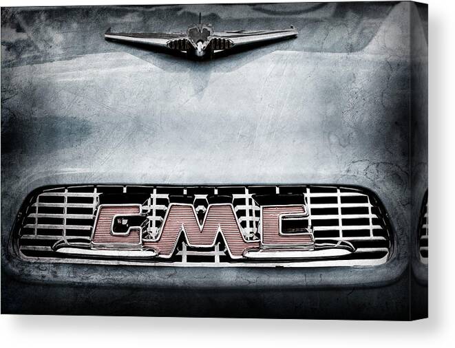 1956 Gmc 100 Deluxe Edition Pickup Truck Hood Ornament Canvas Print featuring the photograph 1956 GMC 100 Deluxe Edition Pickup Truck Hood Ornament - Grille Emblem #2 by Jill Reger