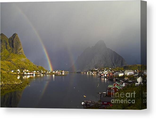 Village Canvas Print featuring the photograph After the rain in Reine by Heiko Koehrer-Wagner