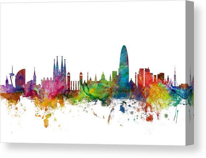Barcelona Canvas Print featuring the digital art Barcelona Spain Skyline by Michael Tompsett
