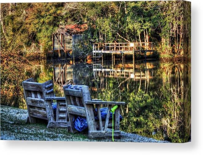 Alabama Canvas Print featuring the digital art 2 Chairs on the Magnolia River by Michael Thomas
