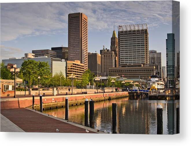 America Canvas Print featuring the photograph Early morning Baltimore Inner Harbor #1 by Marianne Campolongo