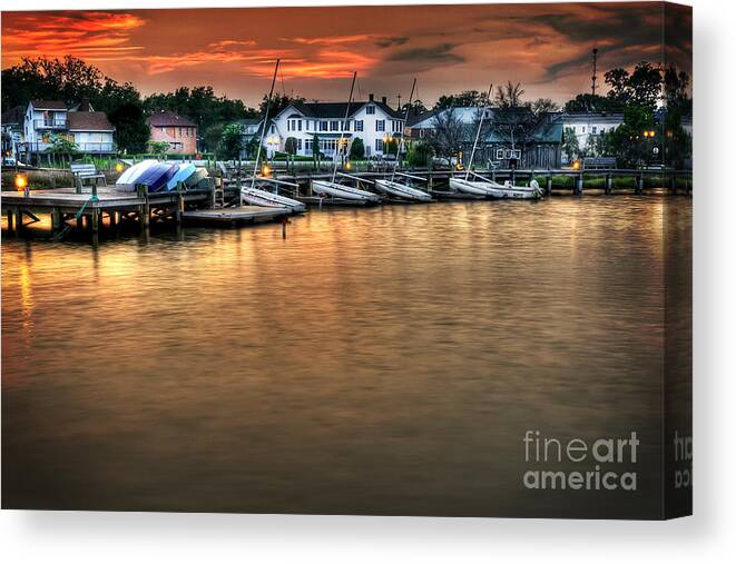 Sunset On A Harbor Canvas Print featuring the photograph Safe Harbor Manteo North Carolina by Gene Bleile Photography 