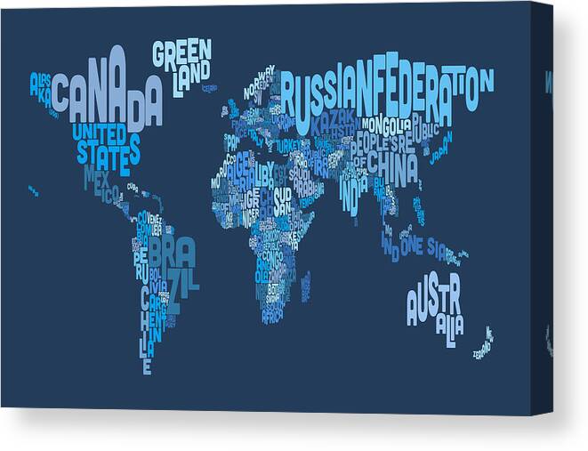 Map Of The World Canvas Print featuring the digital art Text Map of the World Map #2 by Michael Tompsett