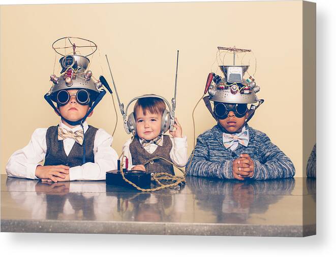 Unfashionable Canvas Print featuring the photograph Three Boys Dressed as Nerds with Mind Reading Helmets #2 by Andrew Rich