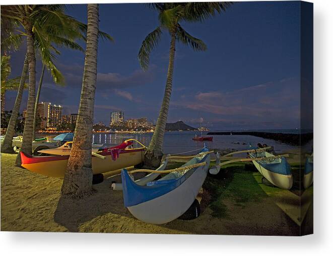 Waikiki Night City Lights Palmtrees Ocean Kayak Diamond Head Canvas Print featuring the photograph Waikiki #2 by James Roemmling
