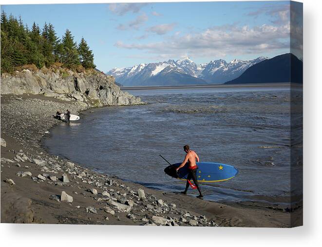 Tidal Bore Canvas Print featuring the photograph Feature - Bore Tide Surfing In Alaska #21 by Streeter Lecka