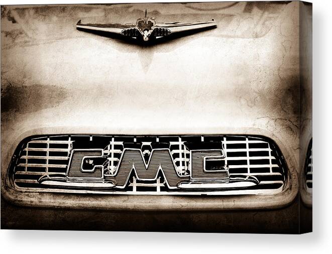 1956 Gmc 100 Deluxe Edition Pickup Truck Hood Ornament Canvas Print featuring the photograph 1956 GMC 100 Deluxe Edition Pickup Truck Hood Ornament - Grille Emblem #3 by Jill Reger