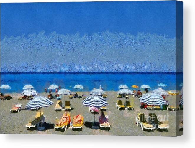 Rhodes Canvas Print featuring the painting Beach at the city of Rhodes #2 by George Atsametakis